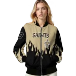 custom new orleans saints flame border gold black bomber jacket best selling