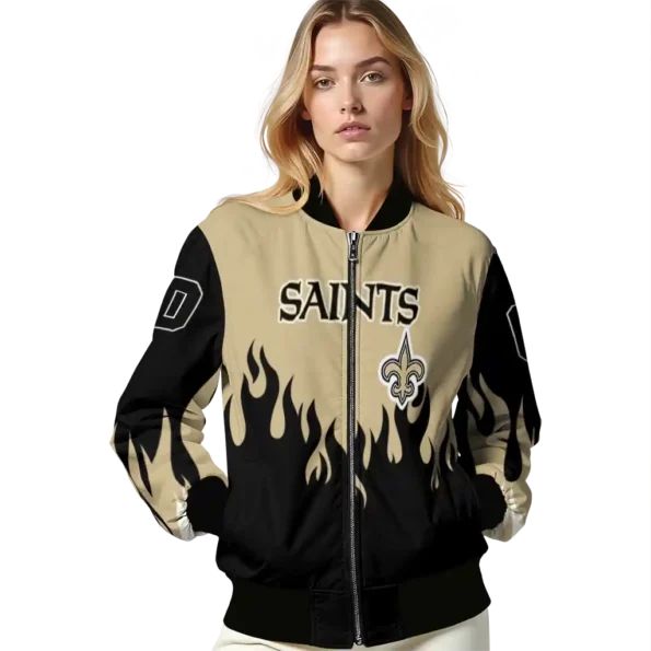custom new orleans saints flame border gold black bomber jacket latest model