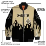 custom new orleans saints flame border gold black bomber jacket best selling