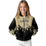 custom new orleans saints flame border gold black bomber jacket best selling