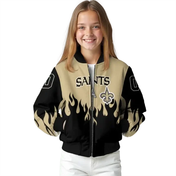 custom new orleans saints flame border gold black bomber jacket top rated