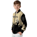 custom new orleans saints flame border gold black bomber jacket best selling