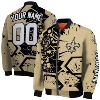 custom new orleans saints hexagon cluster gold black bomber jacket fashion forward