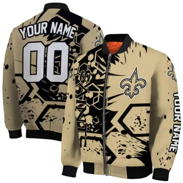 custom new orleans saints hexagon cluster gold black bomber jacket fashion forward