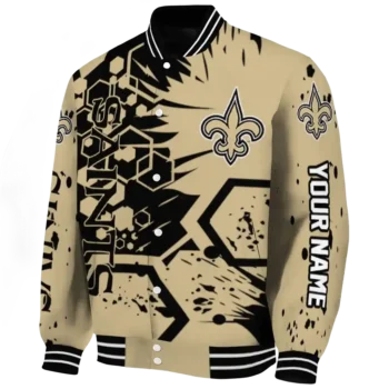 custom new orleans saints hexagon cluster gold black varsity jacket best selling