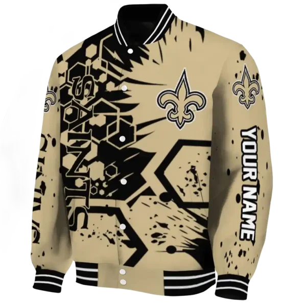 custom new orleans saints hexagon cluster gold black varsity jacket best selling