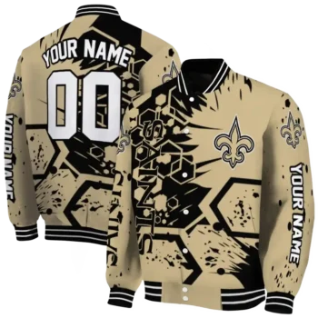 custom new orleans saints hexagon cluster gold black varsity jacket fashion forward