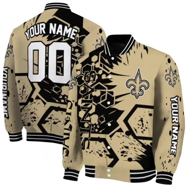 custom new orleans saints hexagon cluster gold black varsity jacket fashion forward