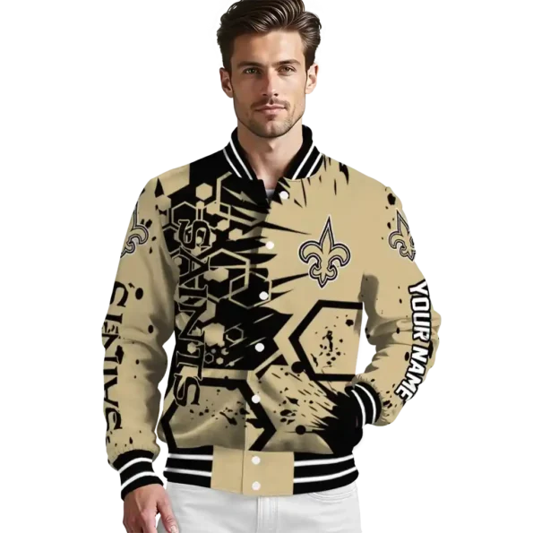 custom new orleans saints hexagon cluster gold black varsity jacket high quality
