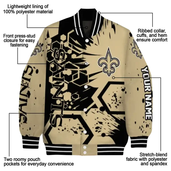 custom new orleans saints hexagon cluster gold black varsity jacket new arrival