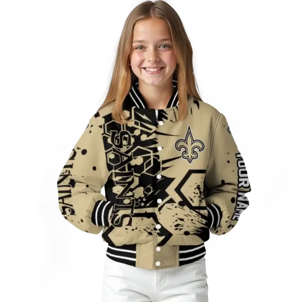 custom new orleans saints hexagon cluster gold black varsity jacket top rated