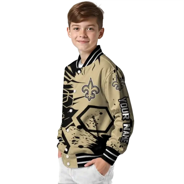 custom new orleans saints hexagon cluster gold black varsity jacket trendy