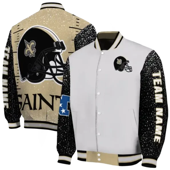 custom new orleans saints speckled arms gold gray varsity jacket fashion forward