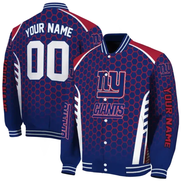 custom new york giants hexagon grid blue varsity jacket fashion forward