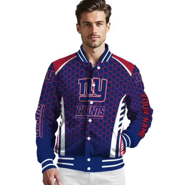 custom new york giants hexagon grid blue varsity jacket high quality