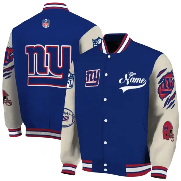 custom new york giants razorback outline blue nude varsity jacket fashion forward