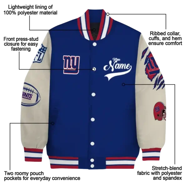 custom new york giants razorback outline blue nude varsity jacket new arrival