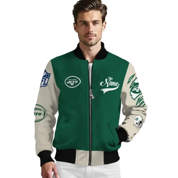 custom new york jets razorback outline green nude bomber jacket high quality