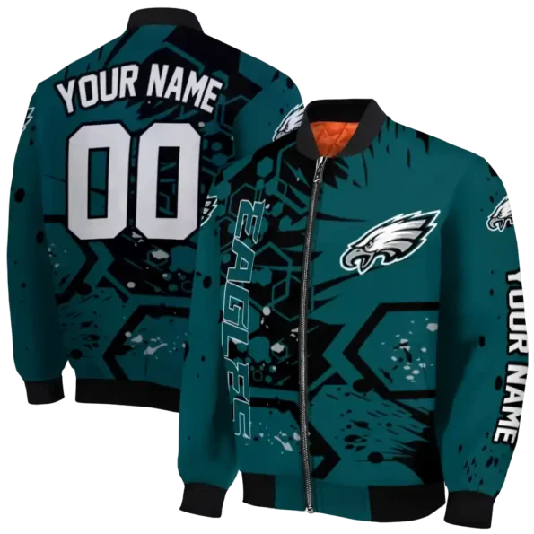 custom philadelphia eagles hexagon cluster green black bomber jacket fashion forward