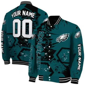 custom philadelphia eagles hexagon cluster green black varsity jacket fashion forward