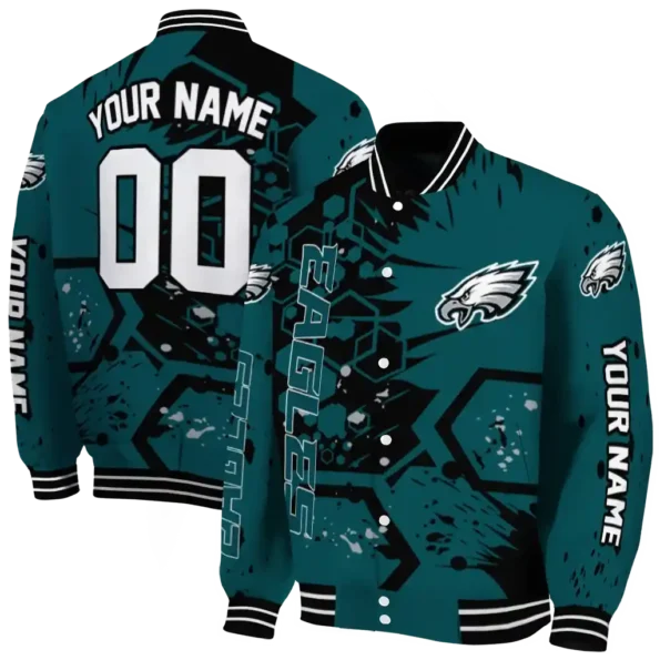 custom philadelphia eagles hexagon cluster green black varsity jacket fashion forward