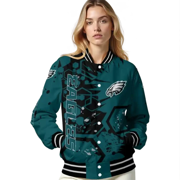 custom philadelphia eagles hexagon cluster green black varsity jacket latest model
