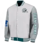 custom philadelphia eagles speckled arms green gray varsity jacket best selling