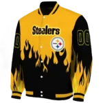 custom pittsburgh steelers flame border gold black varsity jacket best selling