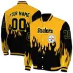 custom pittsburgh steelers flame border gold black varsity jacket best selling