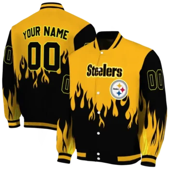 custom pittsburgh steelers flame border gold black varsity jacket fashion forward