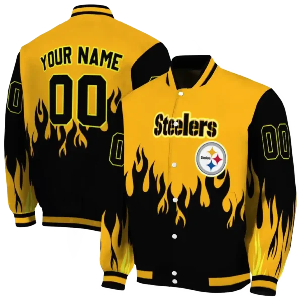 custom pittsburgh steelers flame border gold black varsity jacket fashion forward