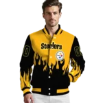 custom pittsburgh steelers flame border gold black varsity jacket best selling