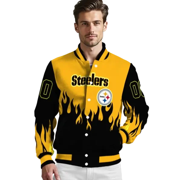 custom pittsburgh steelers flame border gold black varsity jacket high quality