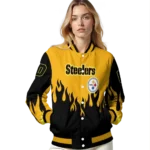 custom pittsburgh steelers flame border gold black varsity jacket best selling