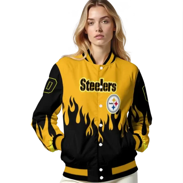 custom pittsburgh steelers flame border gold black varsity jacket latest model