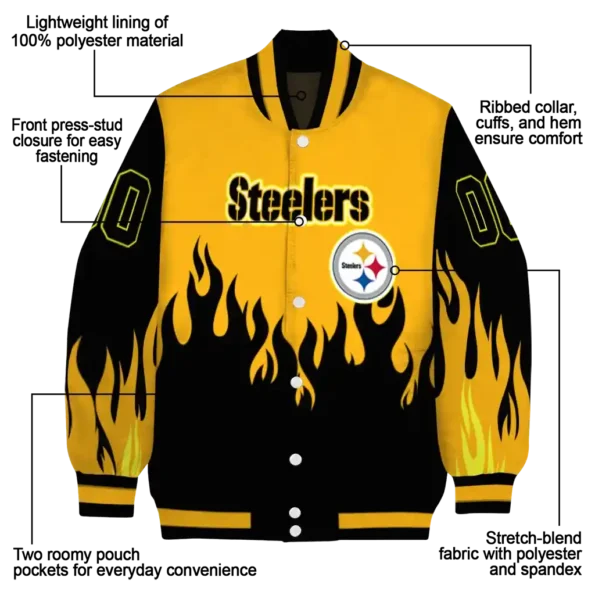 custom pittsburgh steelers flame border gold black varsity jacket new arrival