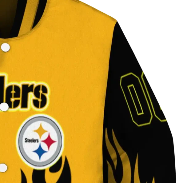custom pittsburgh steelers flame border gold black varsity jacket premium grade