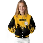 custom pittsburgh steelers flame border gold black varsity jacket best selling