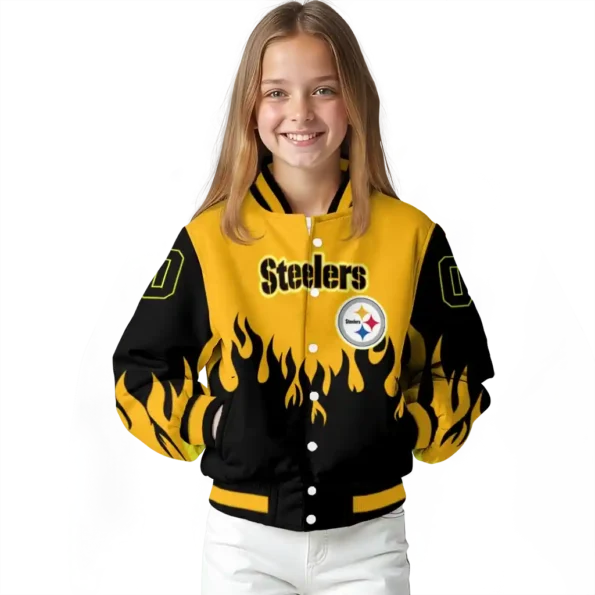 custom pittsburgh steelers flame border gold black varsity jacket top rated