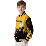 custom pittsburgh steelers flame border gold black varsity jacket best selling