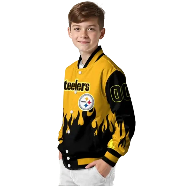 custom pittsburgh steelers flame border gold black varsity jacket trendy