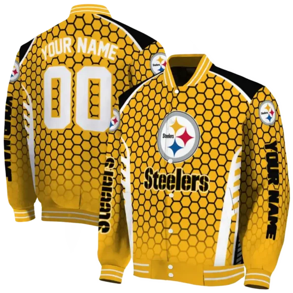 custom pittsburgh steelers hexagon grid gold varsity jacket fashion forward