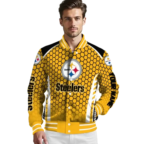 custom pittsburgh steelers hexagon grid gold varsity jacket high quality