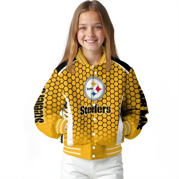 custom pittsburgh steelers hexagon grid gold varsity jacket top rated