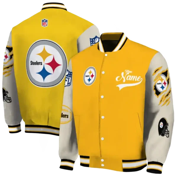 custom pittsburgh steelers razorback outline gold nude varsity jacket fashion forward