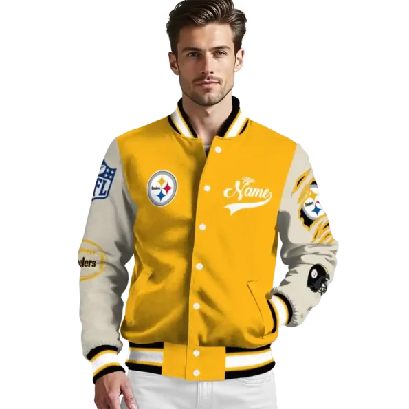 custom pittsburgh steelers razorback outline gold nude varsity jacket high quality