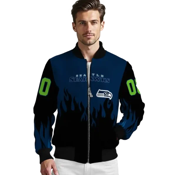 custom seattle seahawks flame border blue black bomber jacket high quality