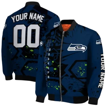 custom seattle seahawks hexagon cluster blue black bomber jacket fashion forward