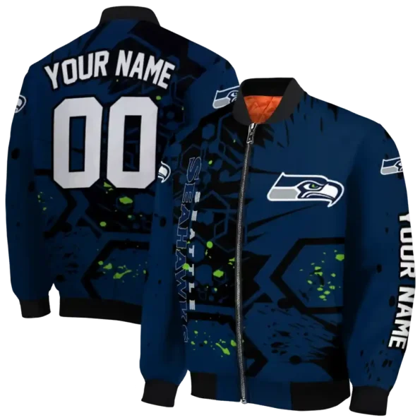 custom seattle seahawks hexagon cluster blue black bomber jacket fashion forward