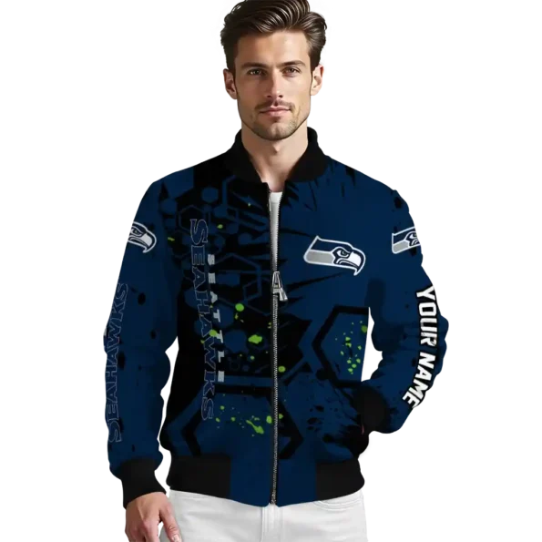 custom seattle seahawks hexagon cluster blue black bomber jacket high quality